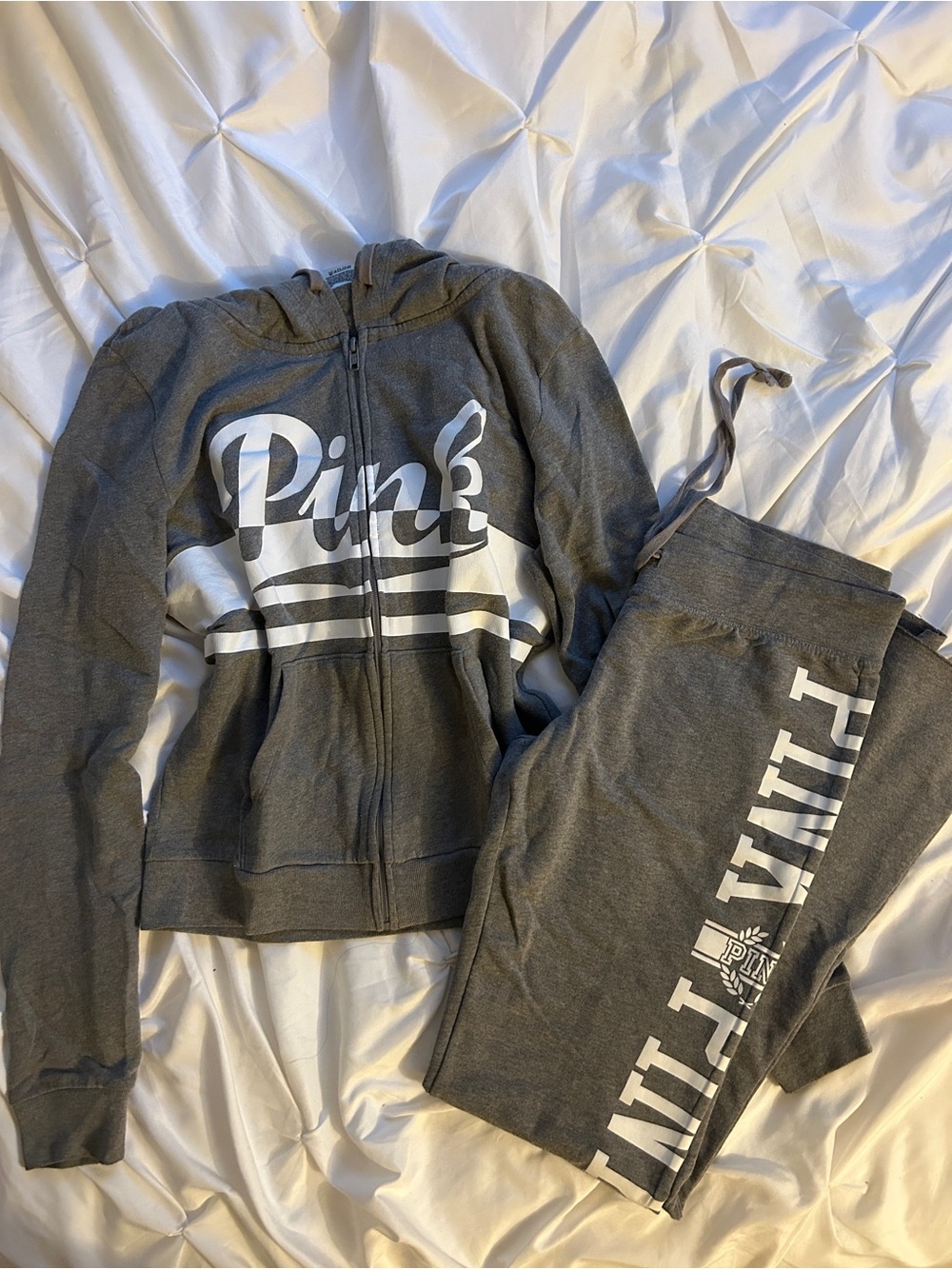 PINK Victoria Secret Grey Zip Hoodie Sweater Sweatpants Two Set Pants Tracksuit
